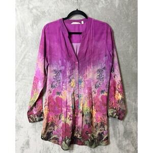 Soft Surroundings Floral Tunic Blouse Purple Magenta Watercolor MED Semi Sheer